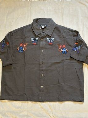 PacSun Black Short-Sleeve Button-Up Shirt with Red & Blue Embroidery